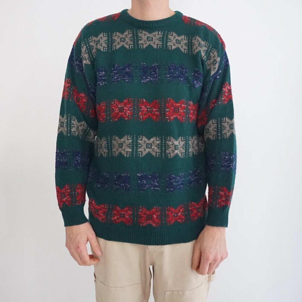 Vintage '90S FT Supply Hunter Green Knit Eclectic Grandpa Crewneck Sweater M